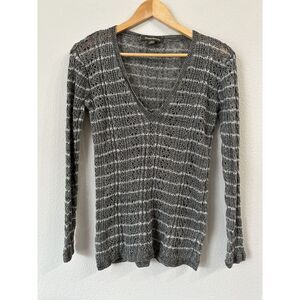 Tommy Bahama Women's Sweater Gray Striped Pointelle Knit V Neck Tunic Linen S